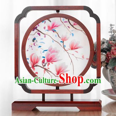 Chinese Handmade Rosewood Desk Ornament Traditional Hunan Double Side Embroidery Mangnolia Table Screen