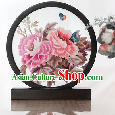 Chinese Handmade Narra Craft Desk Circular Ornament Traditional Hunan Embroidery Peony Table Screen