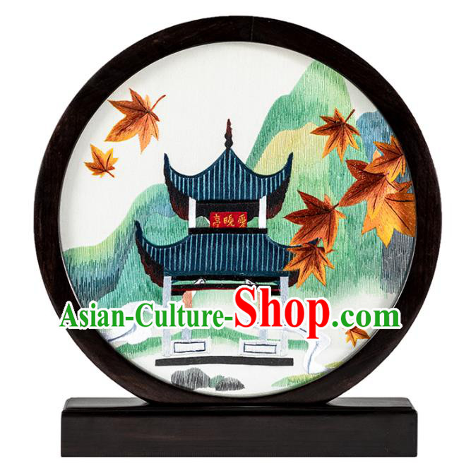 Chinese Desk Circular Ornament Traditional Hunan Embroidery Pavilion Table Screen Handmade Narra Craft Chinese Desk Circular Ornament Traditional Hunan Embroidery Pavilion Table Screen Handmade Narra Craft