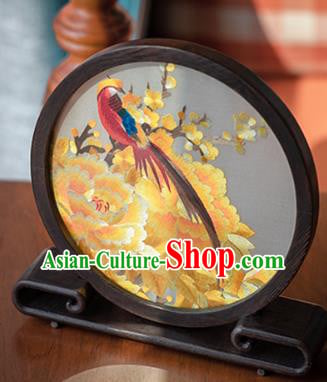 Chinese Traditional Hunan Embroidery Yellow Peony Table Screen Handmade Narra Craft Desk Circular Ornament Chinese Traditional Hunan Embroidery Yellow Peony Table Screen Handmade Narra Craft Desk Circular Ornament