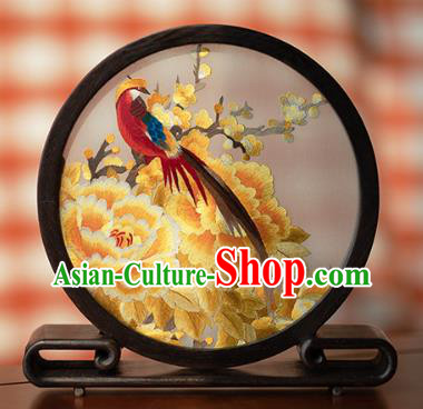 Chinese Traditional Hunan Embroidery Yellow Peony Table Screen Handmade Narra Craft Desk Circular Ornament Chinese Traditional Hunan Embroidery Yellow Peony Table Screen Handmade Narra Craft Desk Circular Ornament