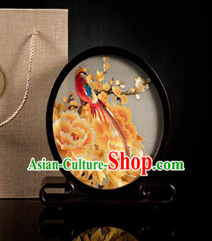 Chinese Traditional Hunan Embroidery Yellow Peony Table Screen Handmade Narra Craft Desk Circular Ornament Chinese Traditional Hunan Embroidery Yellow Peony Table Screen Handmade Narra Craft Desk Circular Ornament