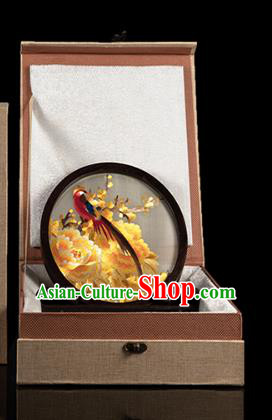 Chinese Traditional Hunan Embroidery Yellow Peony Table Screen Handmade Narra Craft Desk Circular Ornament Chinese Traditional Hunan Embroidery Yellow Peony Table Screen Handmade Narra Craft Desk Circular Ornament