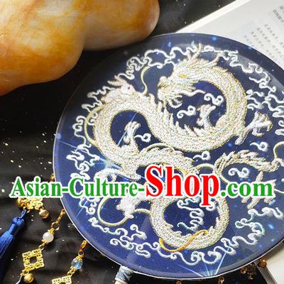 China Embroidery Dragon Blue Silk Palace Fan Traditional Hanfu Fan Handmade Wedding Circular Fan