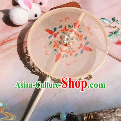 China Ancient Princess Palace Fan Handmade Beige Silk Fan Traditional Hanfu Circular Fan