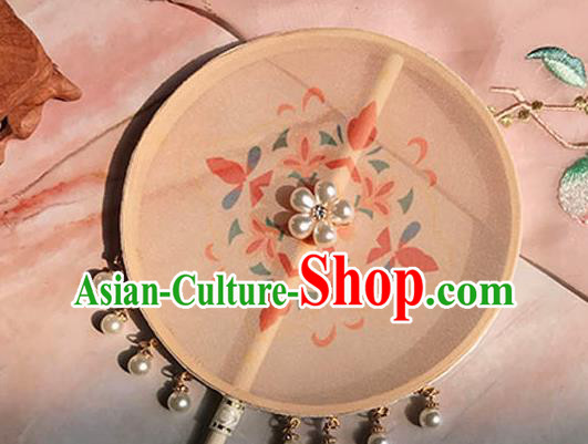 China Ancient Princess Palace Fan Handmade Beige Silk Fan Traditional Hanfu Circular Fan China Ancient Princess Palace Fan Handmade Beige Silk Fan Traditional Hanfu Circular Fan