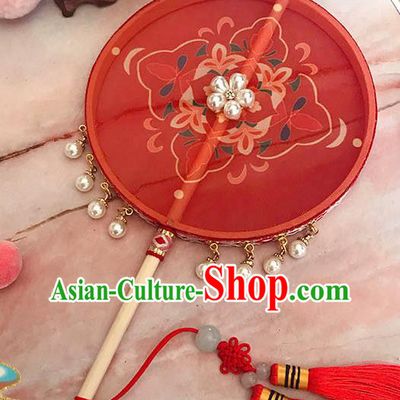 China Traditional Hanfu Circular Fan Ancient Princess Pearls Palace Fan Handmade Red Silk Fan