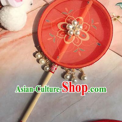 China Ancient Bride Palace Fan Handmade Wedding Red Silk Fan Traditional Hanfu Circular Fan