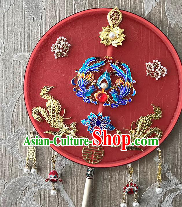 China Handmade Blueing Phoenix Palace Fan Traditional Red Silk Fan Wedding Circular Fan China Handmade Blueing Phoenix Palace Fan Traditional Red Silk Fan Wedding Circular Fan