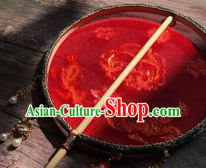 China Handmade Blueing Phoenix Palace Fan Traditional Red Silk Fan Wedding Circular Fan China Handmade Blueing Phoenix Palace Fan Traditional Red Silk Fan Wedding Circular Fan