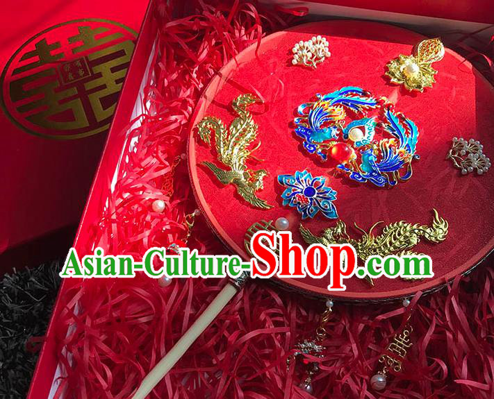 China Handmade Blueing Phoenix Palace Fan Traditional Red Silk Fan Wedding Circular Fan China Handmade Blueing Phoenix Palace Fan Traditional Red Silk Fan Wedding Circular Fan