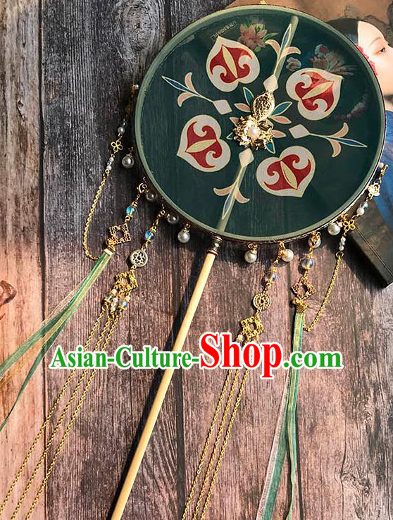 China Handmade Green Silk Palace Fan Wedding Circular Fan Traditional Tang Dynasty Princess Fan China Handmade Green Silk Palace Fan Wedding Circular Fan Traditional Tang Dynasty Princess Fan