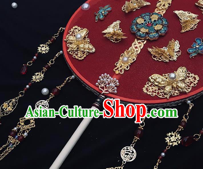 China Handmade Blueing Peony Palace Fan Wedding Circular Fan Traditional Red Silk Fan China Handmade Blueing Peony Palace Fan Wedding Circular Fan Traditional Red Silk Fan