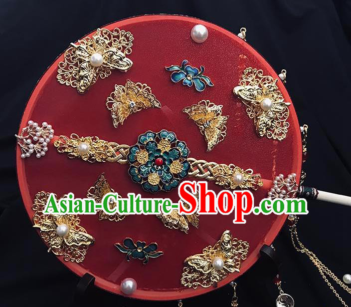 China Handmade Blueing Peony Palace Fan Wedding Circular Fan Traditional Red Silk Fan China Handmade Blueing Peony Palace Fan Wedding Circular Fan Traditional Red Silk Fan