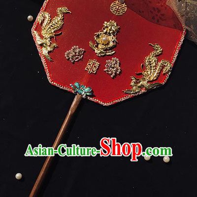 China Traditional Wedding Red Silk Fan Handmade Palace Fan Bride Octagon Fan