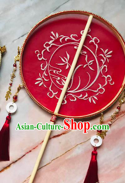 China Traditional Bride Embroidered Orchids Circular Fan Wedding Red Silk Fan Handmade Palace Fan China Traditional Bride Embroidered Orchids Circular Fan Wedding Red Silk Fan Handmade Palace Fan