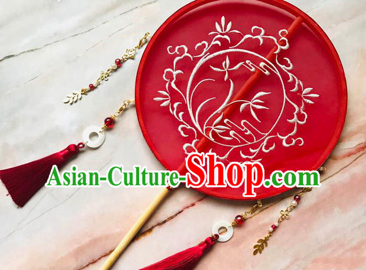 China Traditional Bride Embroidered Orchids Circular Fan Wedding Red Silk Fan Handmade Palace Fan China Traditional Bride Embroidered Orchids Circular Fan Wedding Red Silk Fan Handmade Palace Fan