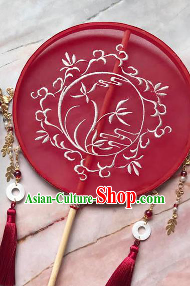 China Traditional Bride Embroidered Orchids Circular Fan Wedding Red Silk Fan Handmade Palace Fan China Traditional Bride Embroidered Orchids Circular Fan Wedding Red Silk Fan Handmade Palace Fan