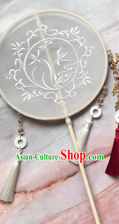 China Handmade Palace Fan Traditional Bride Embroidered Orchids Circular Fan Wedding Beige Silk Fan China Handmade Palace Fan Traditional Bride Embroidered Orchids Circular Fan Wedding Beige Silk Fan