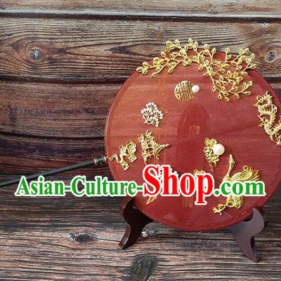 China Traditional Hanfu Golden Crane Circular Fan Ancient Bride Palace Fan Handmade Red Silk Fan