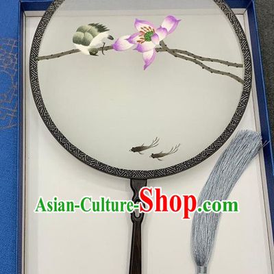 China Traditional Dance Silk Fan Handmade Double Side Embroidered Circular Fan Embroidery Lotus Palace Fan