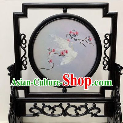 Chinese Handmade Ebony Desk Decoration Traditional Double Side Embroidery Craft Embroidered White Phoenix Table Screen