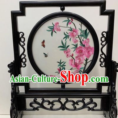 Chinese Embroidered Peach Blossom Table Screen Handmade Ebony Desk Decoration Traditional Double Side Embroidery Craft
