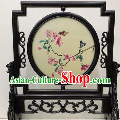Chinese Traditional Double Side Embroidery Craft Handmade Ebony Desk Decoration Embroidered Peach Blossom Table Screen