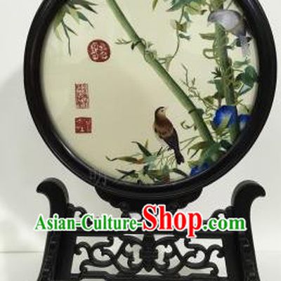 Chinese Traditional Ebony Craft Desk Decoration Handmade Embroidered Petunia Bamboo Table Screen