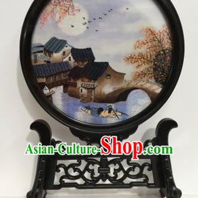 Chinese Handmade Embroidered Waterside Table Screen Ebony Desk Decoration Traditional Embroidery Craft