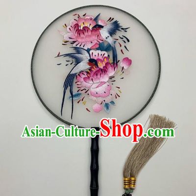 China Handmade Silk Fan Hanfu Circular Fan Embroidery Peony Birds Palace Fan