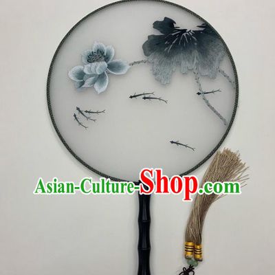 China Traditional Hanfu Circular Fan Embroidery Lotus Fish Palace Fan Handmade Silk Fan
