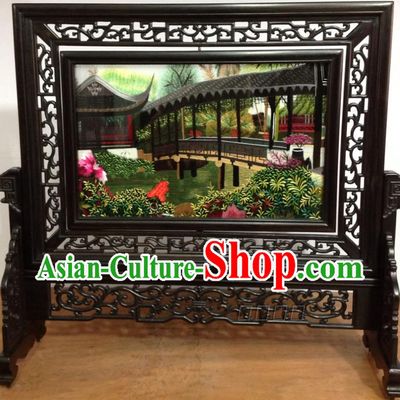 Chinese Rosewood Carving Desk Decoration Traditional Embroidery Craft Handmade Embroidered Humble Administrator Garden Table Screen