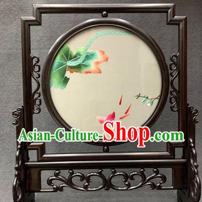 Chinese Traditional Embroidery Craft Handmade Embroidered Lotus Fish Table Screen Rosewood Desk Decoration