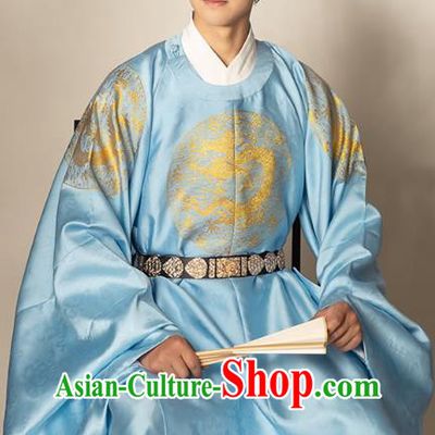 China Traditional Hanfu Apparels Ming Dynasty Monarch Historical Clothing Ancient Emperor Blue Imperial Robe