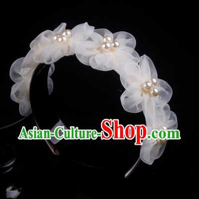 French Wedding Princess Pearls Headband Elegant Hair Accessories Bride Champagne Silk Flowers Hair Clasp