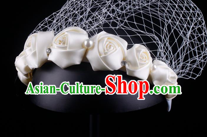 French Bride Champagne Satin Rose Hair Clasp Elegant Wedding Face Veil Headwear French Bride Champagne Satin Rose Hair Clasp Elegant Wedding Face Veil Headwear