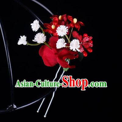 Top Grade Handmade Hair Stick Classical Red Silk Flower Hairpin Wedding Bride Hair Accessories