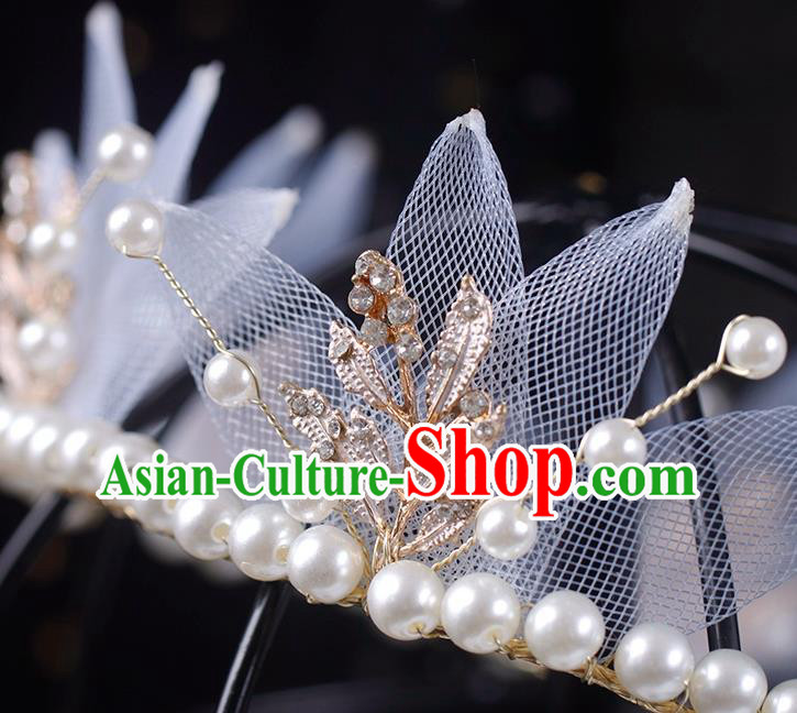 Europe Bride Silk Leaf Royal Crown Elegant Hair Accessories Wedding Princess Pearls Headband