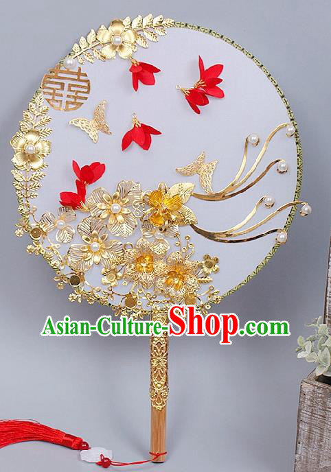 China Handmade Golden Flowers Palace Fan Traditional Bride Circular Fan Wedding Silk Fan China Handmade Golden Flowers Palace Fan Traditional Bride Circular Fan Wedding Silk Fan