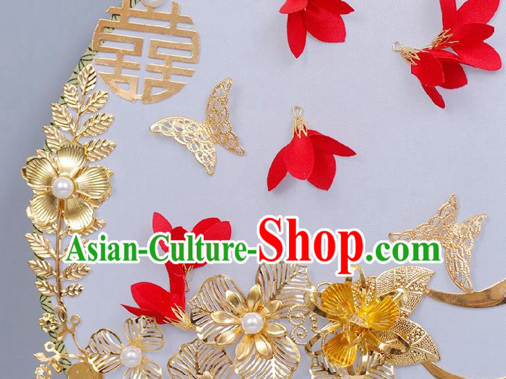 China Handmade Golden Flowers Palace Fan Traditional Bride Circular Fan Wedding Silk Fan China Handmade Golden Flowers Palace Fan Traditional Bride Circular Fan Wedding Silk Fan