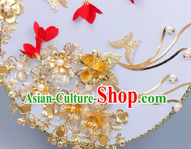 China Handmade Golden Flowers Palace Fan Traditional Bride Circular Fan Wedding Silk Fan China Handmade Golden Flowers Palace Fan Traditional Bride Circular Fan Wedding Silk Fan