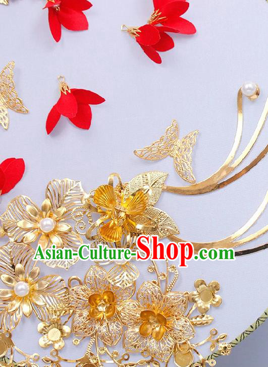 China Handmade Golden Flowers Palace Fan Traditional Bride Circular Fan Wedding Silk Fan China Handmade Golden Flowers Palace Fan Traditional Bride Circular Fan Wedding Silk Fan