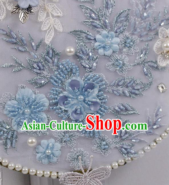 China Handmade Blue Lace Flowers Palace Fan Wedding Silk Fan Traditional Bride Circular Fan China Handmade Blue Lace Flowers Palace Fan Wedding Silk Fan Traditional Bride Circular Fan