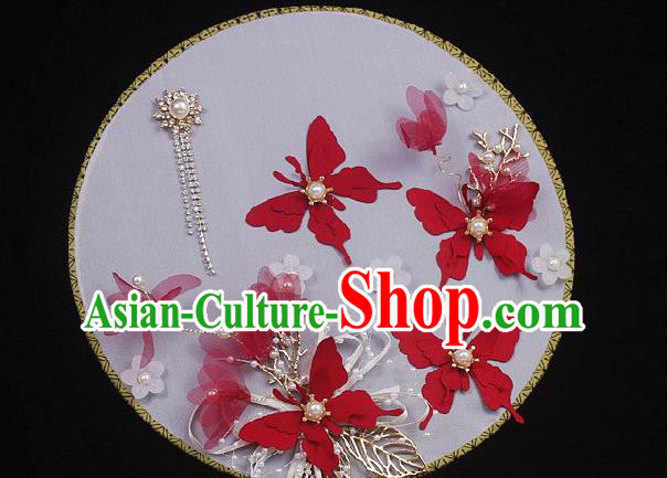 China Traditional Bride Circular Fan Wedding Silk Fan Handmade Red Butterfly Palace Fan China Traditional Bride Circular Fan Wedding Silk Fan Handmade Red Butterfly Palace Fan