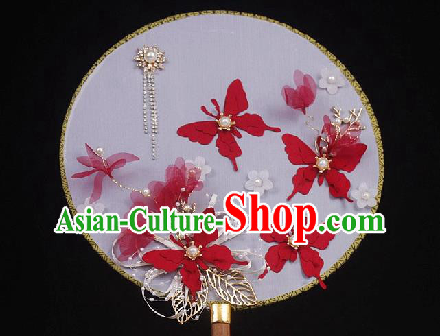 China Traditional Bride Circular Fan Wedding Silk Fan Handmade Red Butterfly Palace Fan China Traditional Bride Circular Fan Wedding Silk Fan Handmade Red Butterfly Palace Fan