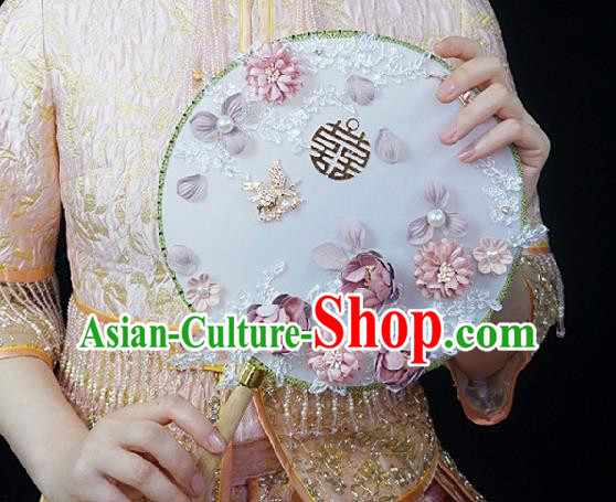 China Traditional Wedding Silk Fan Bride Circular Fan Handmade Pink Roses Palace Fan China Traditional Wedding Silk Fan Bride Circular Fan Handmade Pink Roses Palace Fan