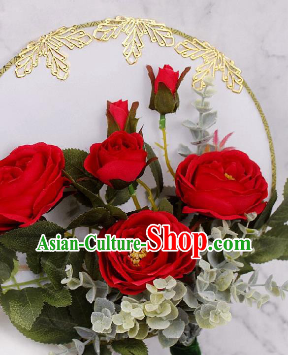China Bride Circular Fan Traditional Wedding Silk Fan Handmade Red Rose Palace Fan China Bride Circular Fan Traditional Wedding Silk Fan Handmade Red Rose Palace Fan