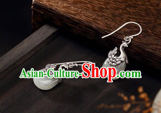 Top Chinese Cheongsam Accessories Silver Carving Phoenix Earrings Classical Jade Ear Jewelry Top Chinese Cheongsam Accessories Silver Carving Phoenix Earrings Classical Jade Ear Jewelry