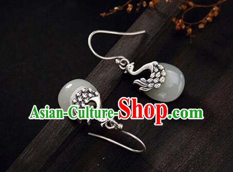 Top Chinese Cheongsam Accessories Silver Carving Phoenix Earrings Classical Jade Ear Jewelry Top Chinese Cheongsam Accessories Silver Carving Phoenix Earrings Classical Jade Ear Jewelry